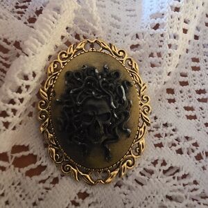 Medusa Skull Cameo In Gold Tone Metal Frame 16-18 Adjustable Cord Necklace